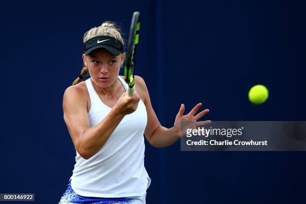 Katie Swan of Great Britain in action during her women's qualifying match against Varvara Lepchenko of USA during qualifying on day one of the Aegon...