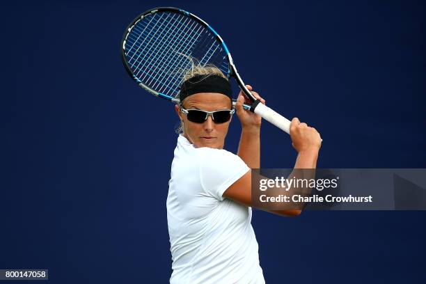 Kirsten Flipkens of Belgium in action during her women's qualifying match against Su-Wei Hsieh of Chinese Taipei during qualifying on day one of the...