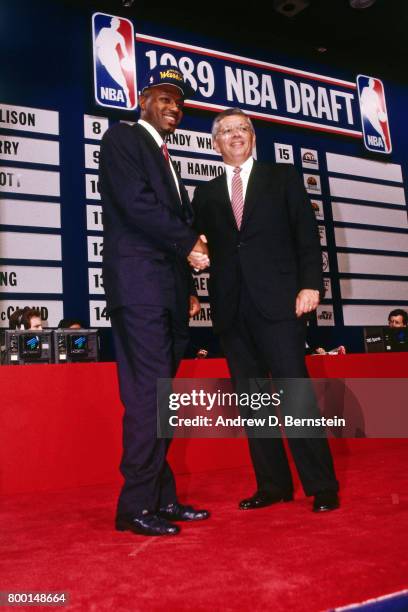 Tim Hardaway of the Golden State Warriors poses for a photo after being selected during the NBA Draft on June 27, 1989 at the Felt Forum in New York...