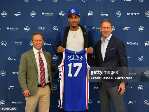 Joshua Harris and Bryan Colangelo of the Philadelphia 76ers introduce their new draftee Jonah Bolden at the Sixers Training Complex on June 23, 2017...