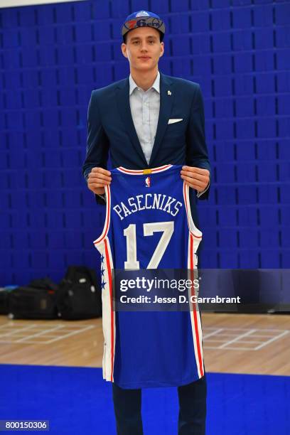 The Philadelphia 76ers introduce their new draftee Anzejs Pasecniks at the Sixers Training Complex on June 23, 2017 in Camden, New Jersey. NOTE TO...