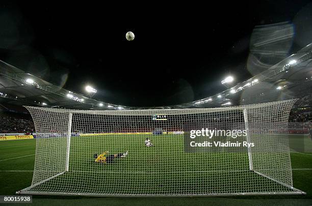 Antonio da Silva of Stuttgart misses a penalty kick against Vasili Khamutouski of Jena during the DFB Cup quarterfinal match between VfB Stuttgart...