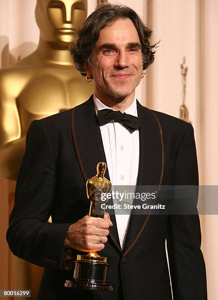 Actor Daniel Day-Lewis poses in the press room during the 80th Annual Academy Awards at the Kodak Theatre on February 24, 2008 in Los Angeles,...