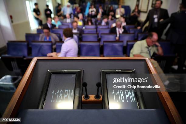 The view from White House Press Secretary Sean Spicer's lectern in the James Brady Press Briefing Room at the White House June 23, 2017 in...