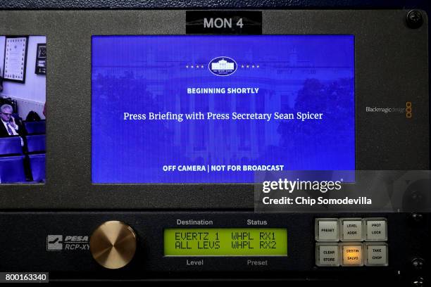 Broadcast equipment is prepared not to transmit White House Press Secretary Sean Spicer's briefing in the James Brady Press Briefing Room at the...