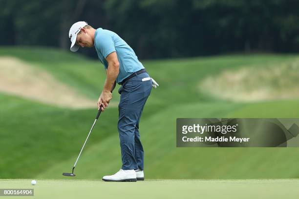 Bud Cauley of the United States putts on the 12th green during the second round of the Travelers Championship at TPC River Highlands on June 23, 2017...