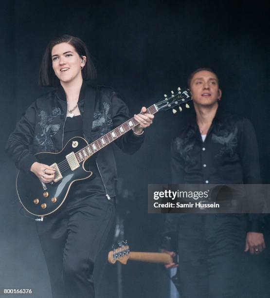 Romy Madley Croft and Oliver Sim of The XX perform on day 2 of the Glastonbury Festival 2017 at Worthy Farm, Pilton on June 23, 2017 in Glastonbury,...