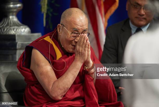 His Holiness the XIVth Dalai Lama speaks at the Starkey Hearing Foundation Center For Excellence on June 23, 2017 in Eden Prairie, Minnesota.