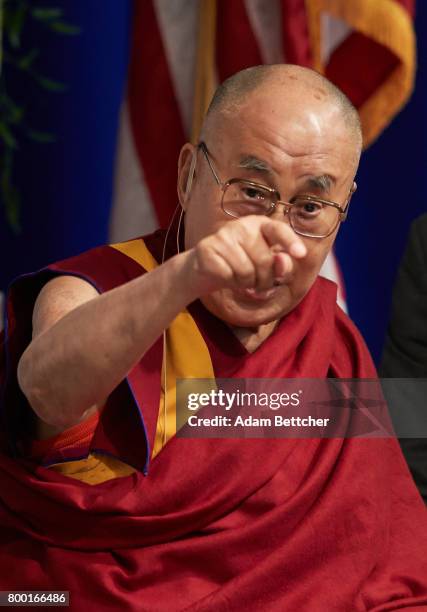 His Holiness the XIVth Dalai Lama speaks at the Starkey Hearing Foundation Center For Excellence on June 23, 2017 in Eden Prairie, Minnesota.