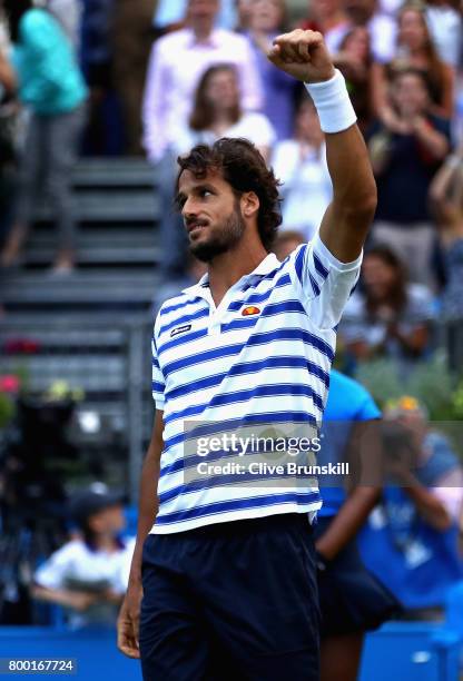 Feliciano Lopez of Spain celebrates victory during the mens singles quarter final match against Tomas Berdych of The Czech Republic on day five of...