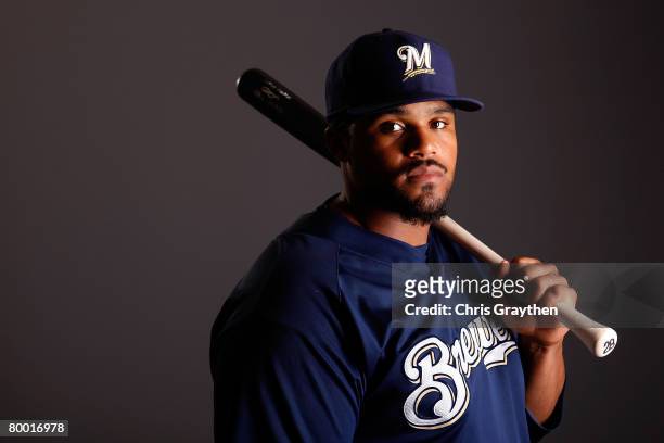 Prince Fielder poses for a photo during the Milwaukee Brewers Spring Training Photo Day at Maryvale Baseball Park on February 26, 2008 in Maryvale,...