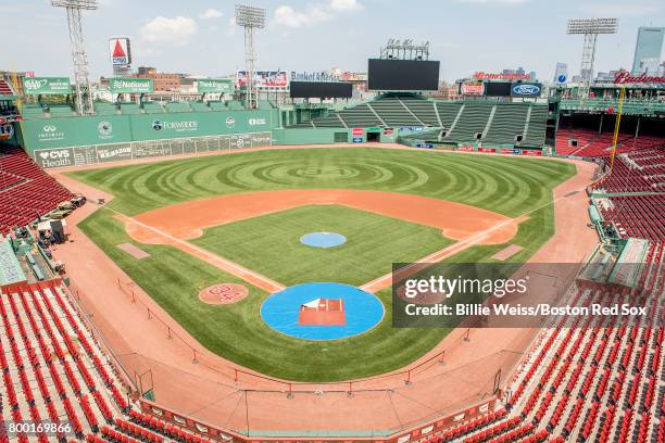 The number 34 is displayed in the on deck circles and the outfield grass ahead of the jersey retirement of former designated hitter David Ortiz of...