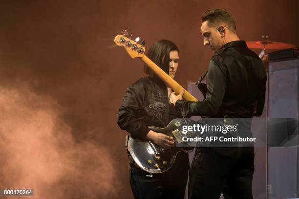 Oliver Sim and Romy Madley Croft of The xx perform on the Pyramid stage at the Glastonbury Festival of Music and Performing Arts on Worthy Farm near...