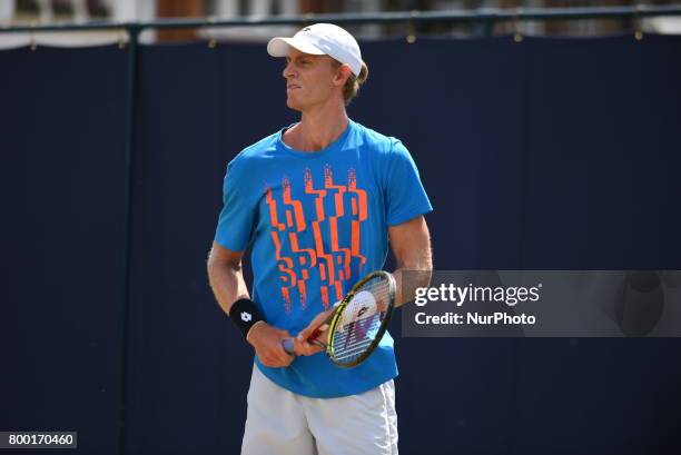 Kevin Anderson of South Africa practices at The Queen's Club, London on June 22, 2017. The players use the grass courts to train themselves before...