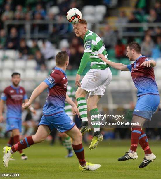 Dublin , Ireland - 23 June 2017; Gary Shaw of Shamrock Rovers in action against Richie Purdy, left, and Luke Gallagher of Drogheda United during the...