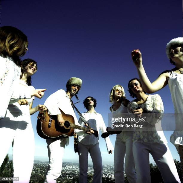 American psychodelic rock band Brian Jonestown Massacre tamborine man Joel Gion, guitarist/vocalist Anton Newcombe and Miranda Lee Richards pose with...