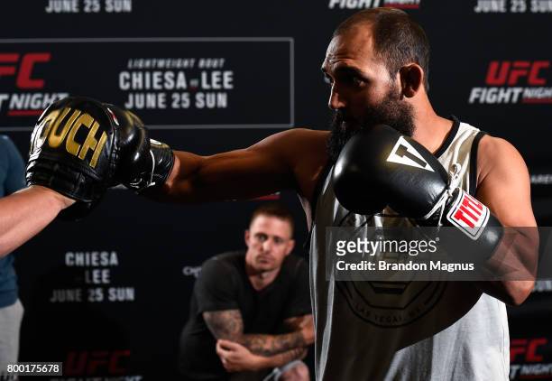 Johny Hendricks holds an open workout session for the fans and media at Lovatos School of Brazilian Jiu-Jitsu on June 23, 2017 in Oklahoma City,...