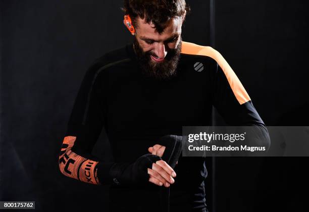 Michael Chiesa holds an open workout session for the fans and media at Lovatos School of Brazilian Jiu-Jitsu on June 23, 2017 in Oklahoma City,...