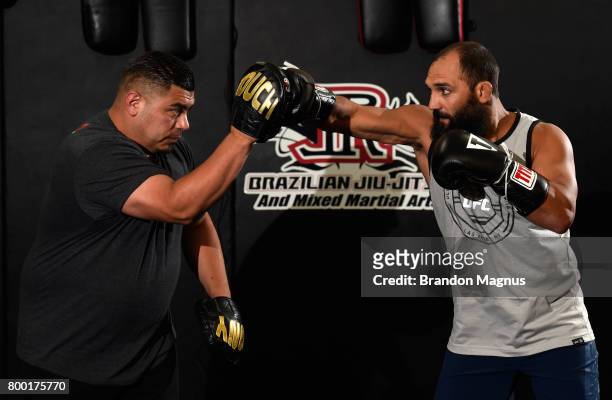 Johny Hendricks holds an open workout session for the fans and media at Lovatos School of Brazilian Jiu-Jitsu on June 23, 2017 in Oklahoma City,...