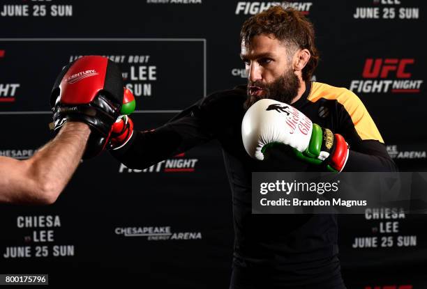 Michael Chiesa holds an open workout session for the fans and media at Lovatos School of Brazilian Jiu-Jitsu on June 23, 2017 in Oklahoma City,...