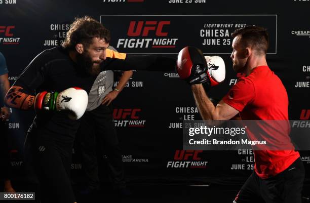 Michael Chiesa holds an open workout session for the fans and media at Lovatos School of Brazilian Jiu-Jitsu on June 23, 2017 in Oklahoma City,...