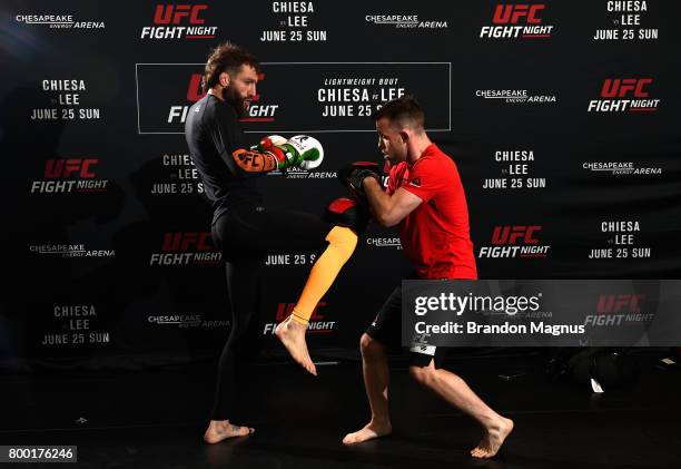 Michael Chiesa holds an open workout session for the fans and media at Lovatos School of Brazilian Jiu-Jitsu on June 23, 2017 in Oklahoma City,...