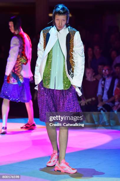 Model walks the runway at the Comme des Garcons Homme Plus Spring Summer 2018 fashion show during Paris Menswear Fashion Week on June 23, 2017 in...