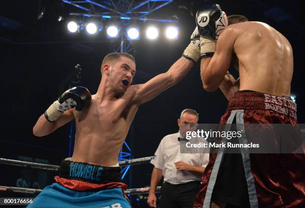 Jamie Humble takes on Alec Bazza during a Superfeatherweight contest presented by Matchroom Boxing at Walker Activity Dome on June 23, 2017 in...