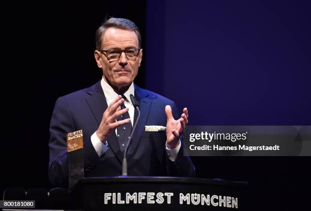 Actor Bryan Cranston talks to the audience during the Cine Merit Award Gala during the Munich Film Festival 2017 at Gasteig on June 23, 2017 in...