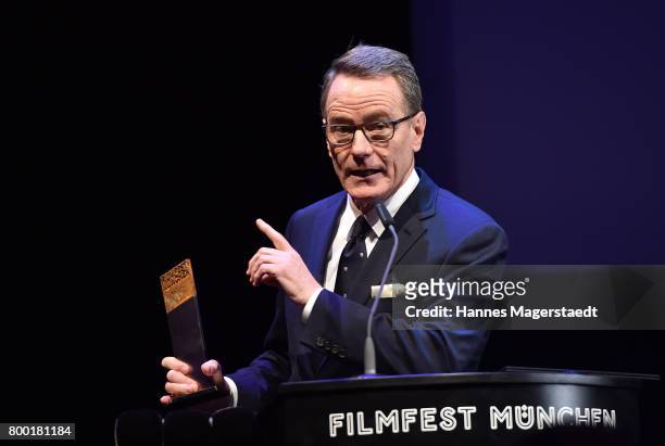 Actor Bryan Cranston talks to the audience during the Cine Merit Award Gala during the Munich Film Festival 2017 at Gasteig on June 23, 2017 in...