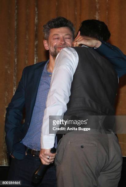 Actor Andy Serkis and director Matt Reeves attend the 'Planet der Affen: Survival' special screening at Astor Film Lounge on June 23, 2017 in Berlin,...