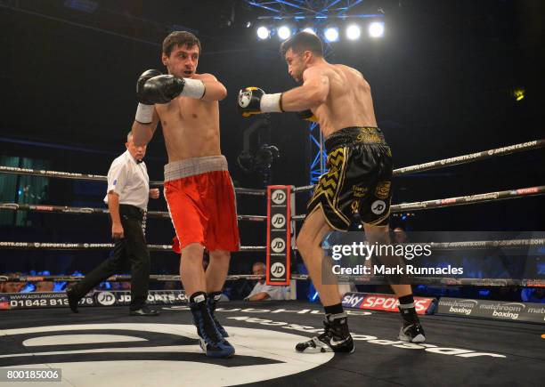 Anthony Fowler takes on Nikoloz Gvajava during a Super-Welterweight contest presented by Matchroom Boxing at Walker Activity Dome on June 23, 2017 in...