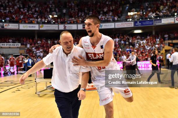 Jean Denys Choulet coach of Chalon celebrates winning the title with Axel Bouteille during the Playoffs Pro A Final match between Chalon sur Saone...