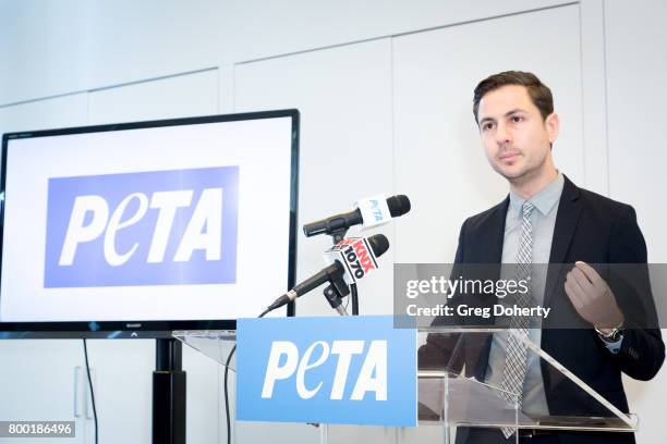 Legal Counsel Jared Goodman attends a news conference with PETA exposing the fate of discarded chimpanzees at PETA on June 23, 2017 in Los Angeles,...