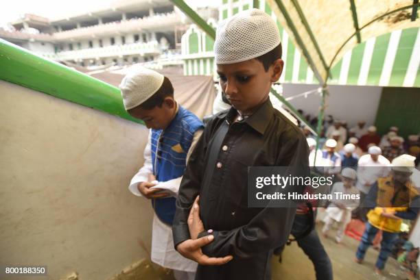 Muslims offering Namaz on the occasion of Last friday of Ramzan at sector 8 Masjid, on June 23, 2017 in Noida, India.