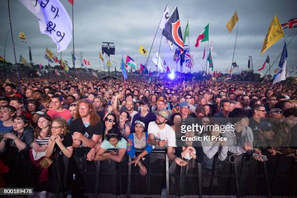 Crowds watch as Radiohead perform on day 2 of the Glastonbury Festival 2017 at Worthy Farm, Pilton on June 23, 2017 in Glastonbury, England.