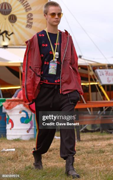 Cara Delevingne attends day one of Glastonbury on June 23, 2017 in Glastonbury, England.