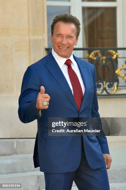 Arnold Schwarzenegger leaves after meeting French President Emmanuel Macron at the Elysee Palace on June 23, 2017 in Paris, France. On their agenda...