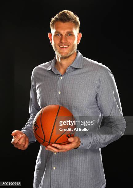 Player Cole Aldrich poses for a portrait at NBPA Headquarters on June 23, 2017 in New York City.