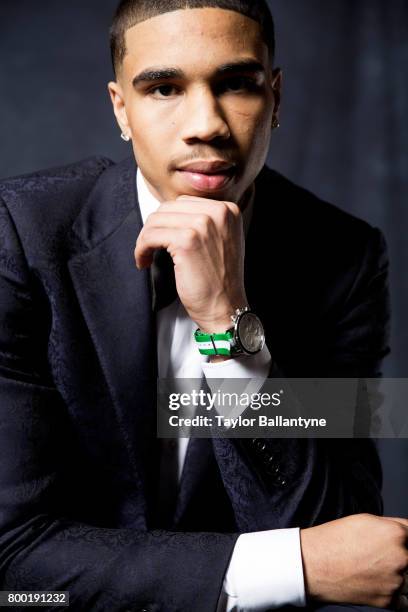 Draft: Closeup portrait of Boston Celtics No 3 pick Jayson Tatum posing during photo shoot after selection process at Barclays Center. Behind the...