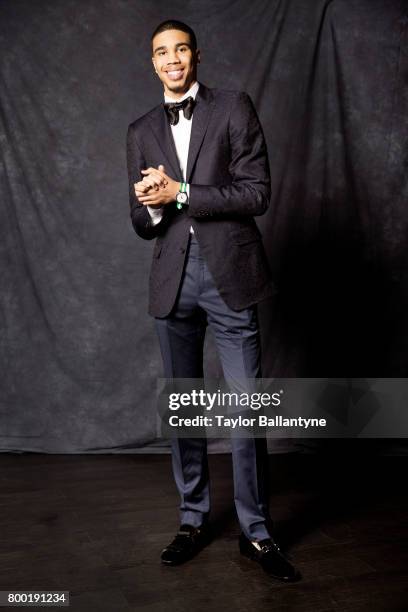 Draft: Portrait of Boston Celtics No 3 pick Jayson Tatum posing during photo shoot after selection process at Barclays Center. Behind the Scenes....