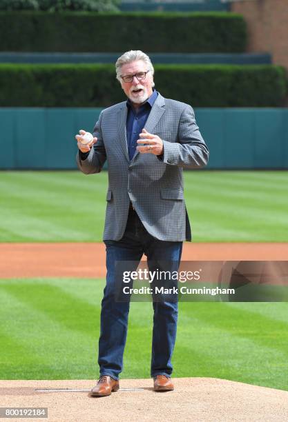 Former Detroit Tigers pitcher Jack Morris throws out the ceremonial first pitch prior to the game against the Chicago White Sox at Comerica Park on...