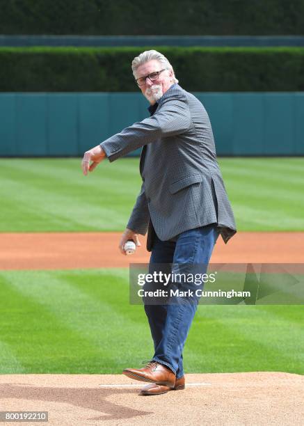 Former Detroit Tigers pitcher Jack Morris throws out the ceremonial first pitch prior to the game against the Chicago White Sox at Comerica Park on...