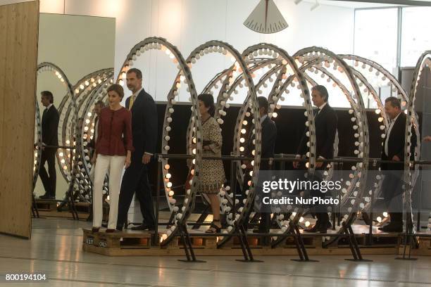 His Majesties the kings of Spain Felipe VI and Letizia go through the installation of light bulbs of the Belgian artist Carsten Holler in his visit...