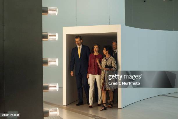 His Majesties the kings of Spain Felipe VI and Letizia watch the installation of bulbs of the Belgian artist Carsten Holler in his visit to the new...