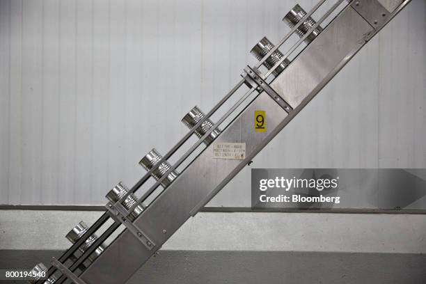 Cans move along a conveyor during fresh pea production at the Del Monte Foods Inc. Facility in Mendota, Illinois, U.S., on Friday, June 23, 2017. The...