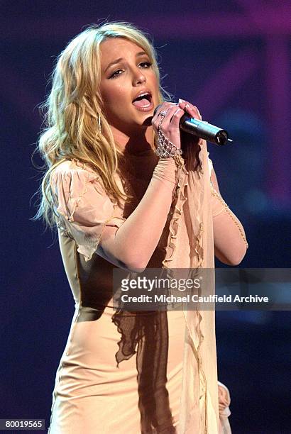Britney Spears performs at the 29th Annual American Music Awards January 9, 2002 at the Shrine Auditorium in Los Angeles.