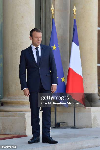 French President Emmanuel Macron receives Arnold Schwarzenegger at the Elysee Palace on June 23, 2017 in Paris, France. On their agenda was the...