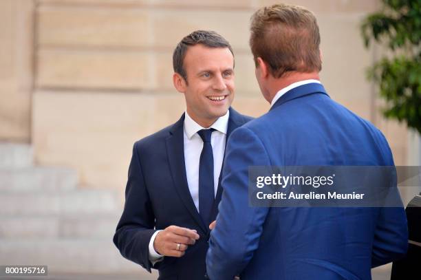 French President Emmanuel Macron receives Arnold Schwarzenegger at the Elysee Palace on June 23, 2017 in Paris, France. On their agenda was the...