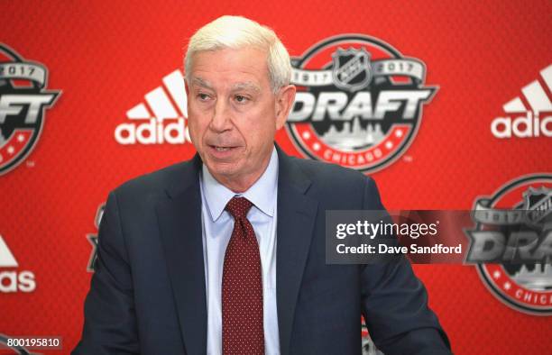 Chicago Blackhawks president John McDonough speaks to the media during the NHL, NHLPA & NCAA Press Conference before the 2017 NHL Draft at United...